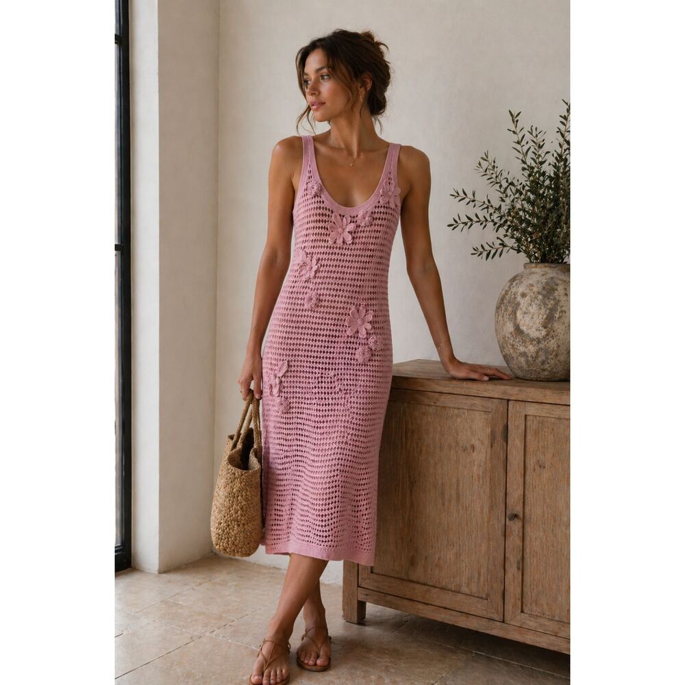 SAINT ART Crochet Floral Midi Dress w Slip Light Purple Small - Picture 1 of 5